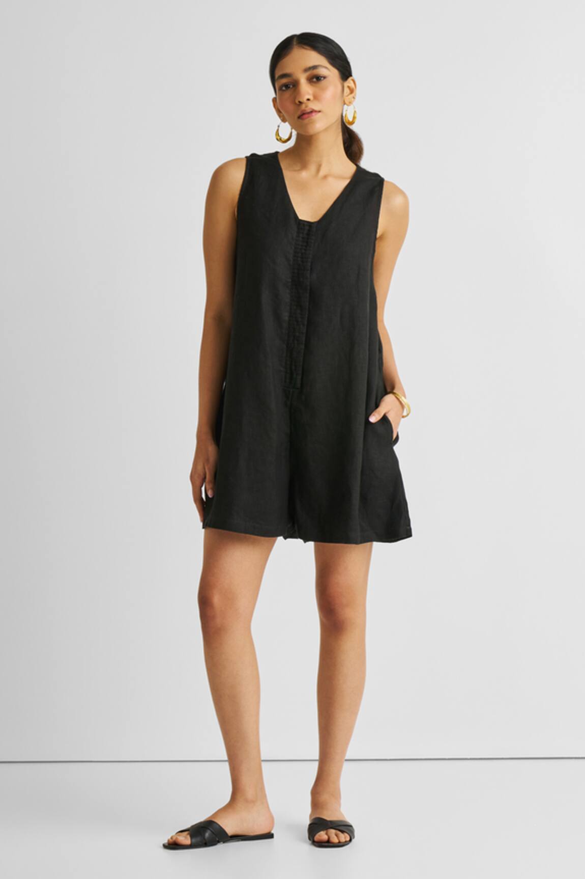 Reistor Pintuck Placket V-Neck Romper 