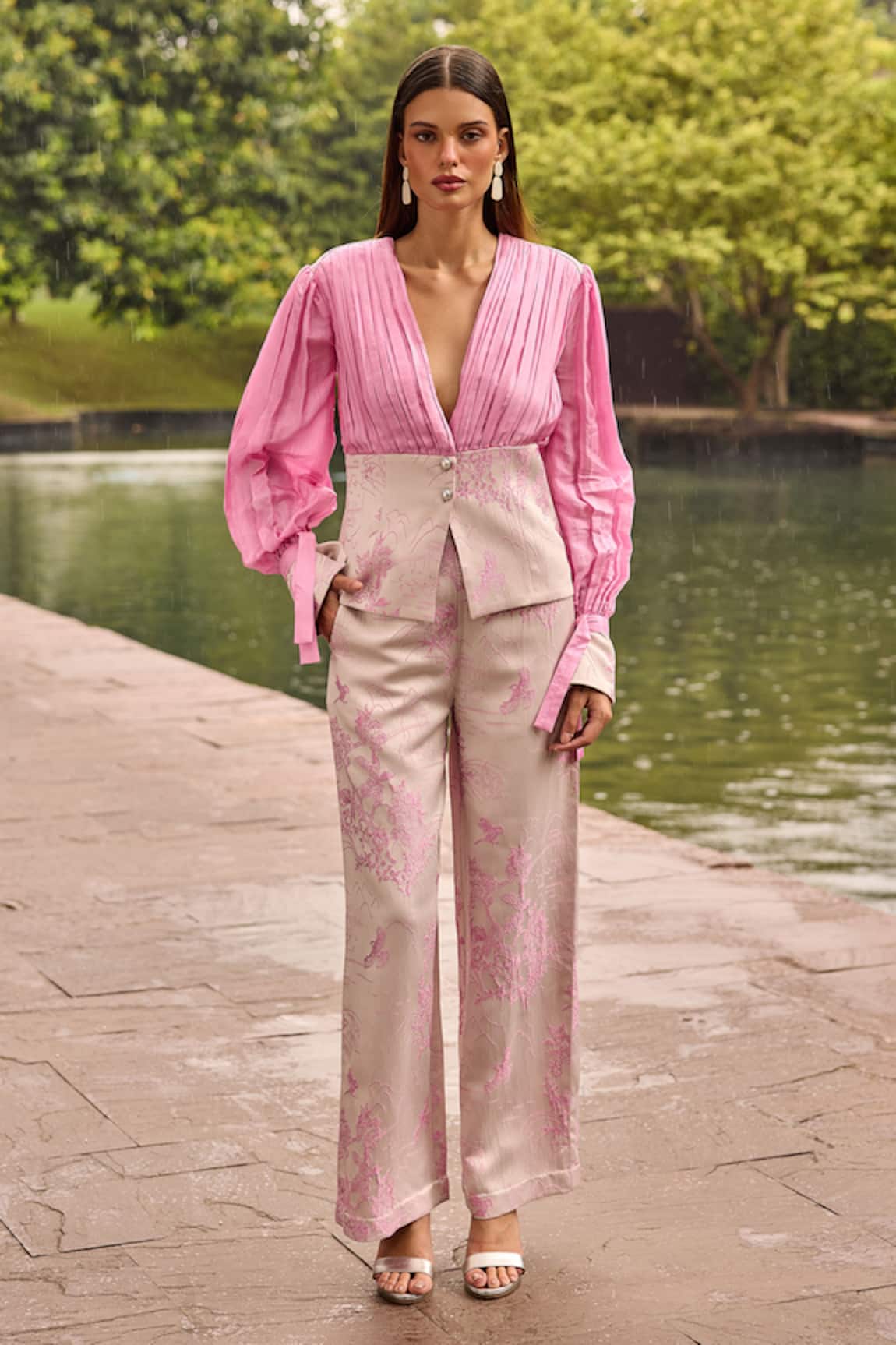 Therealb Jacquard Pleated Top & Embroidered Trouser Set 