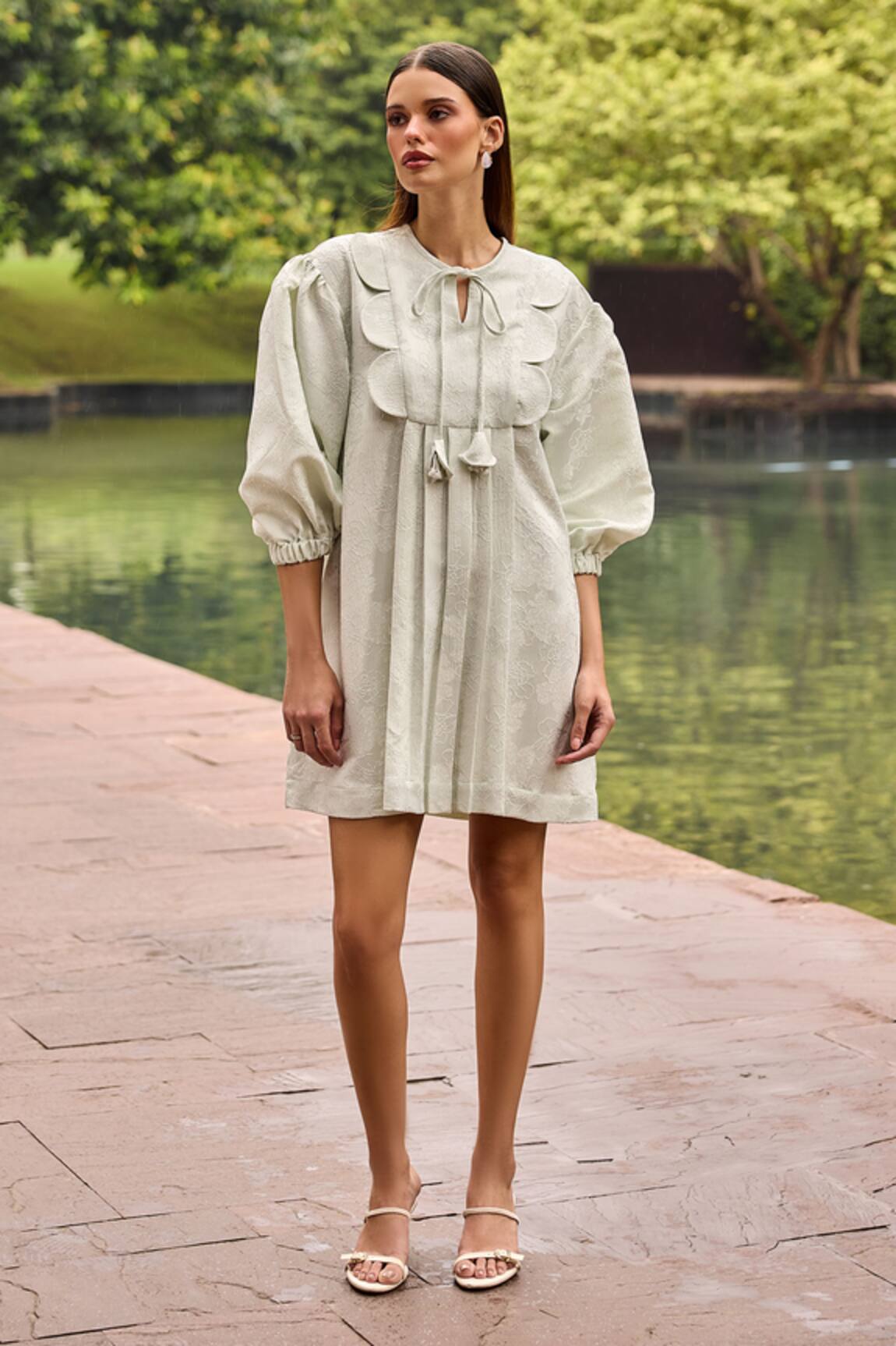 Therealb Jacquard Dress With Scalloped Yoke & Tassels 
