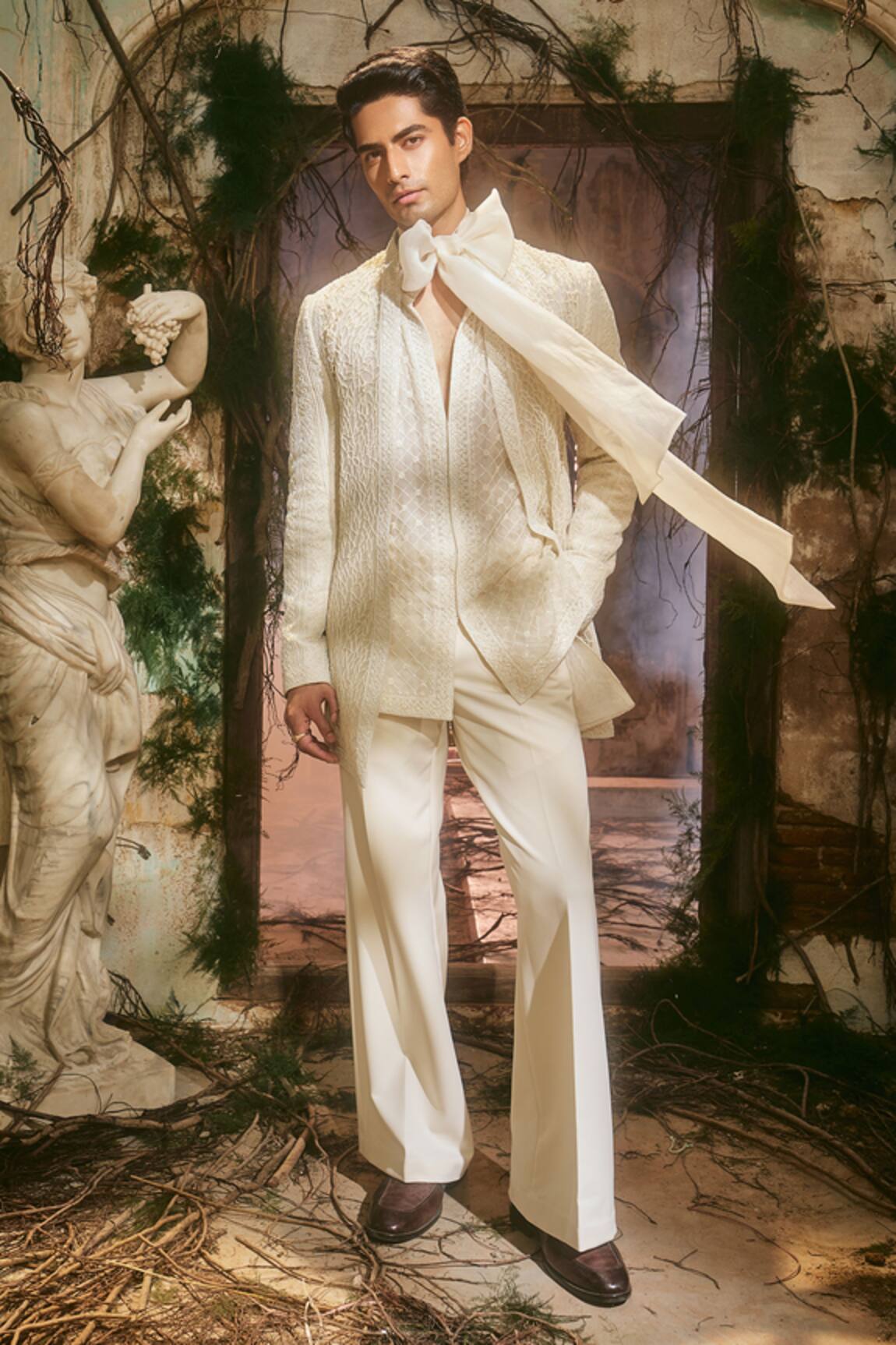 Varun Chakkilam Frostline Ivory Organza Jacket Kurta & Pant Set 