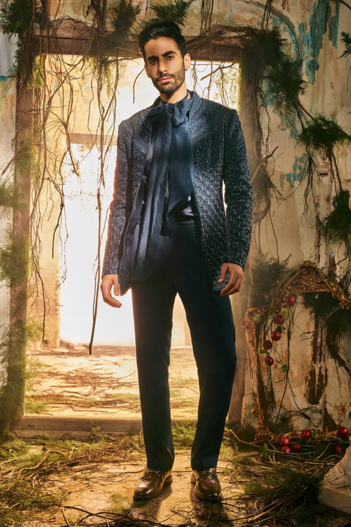 Varun Chakkilam Ebon Luxe Embroidered Open Jacket Kurta & Pant Set 