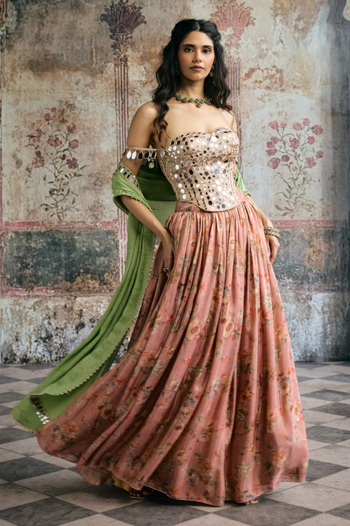 SAANJH BY LEA Mehar Mirror & Floral Corset Lehenga Set