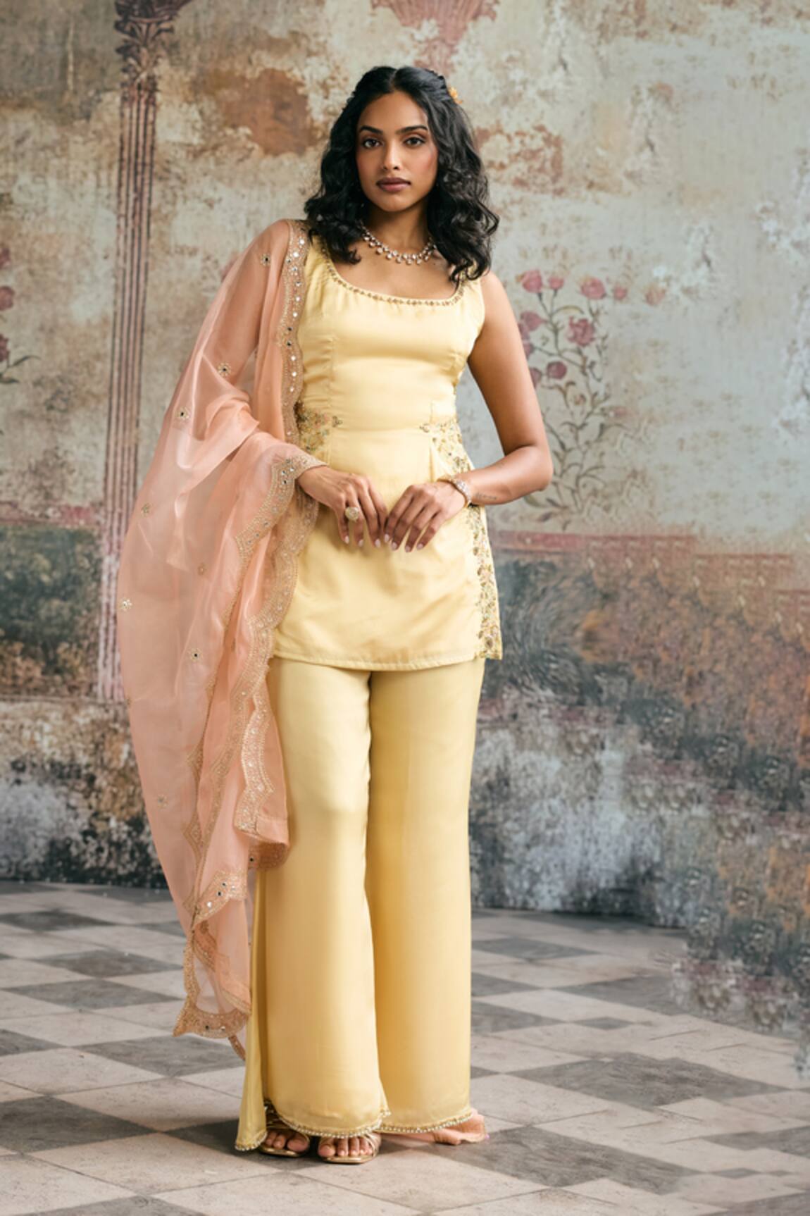 SAANJH BY LEA Farya Butter Yellow Hand Embroidered Sharara Set