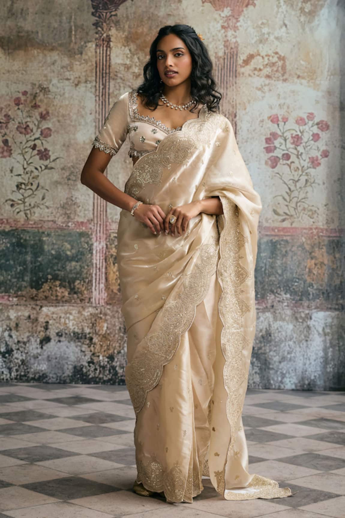 SAANJH BY LEA Aarzoo Pre-Draped Scalloped Saree & Blouse Set