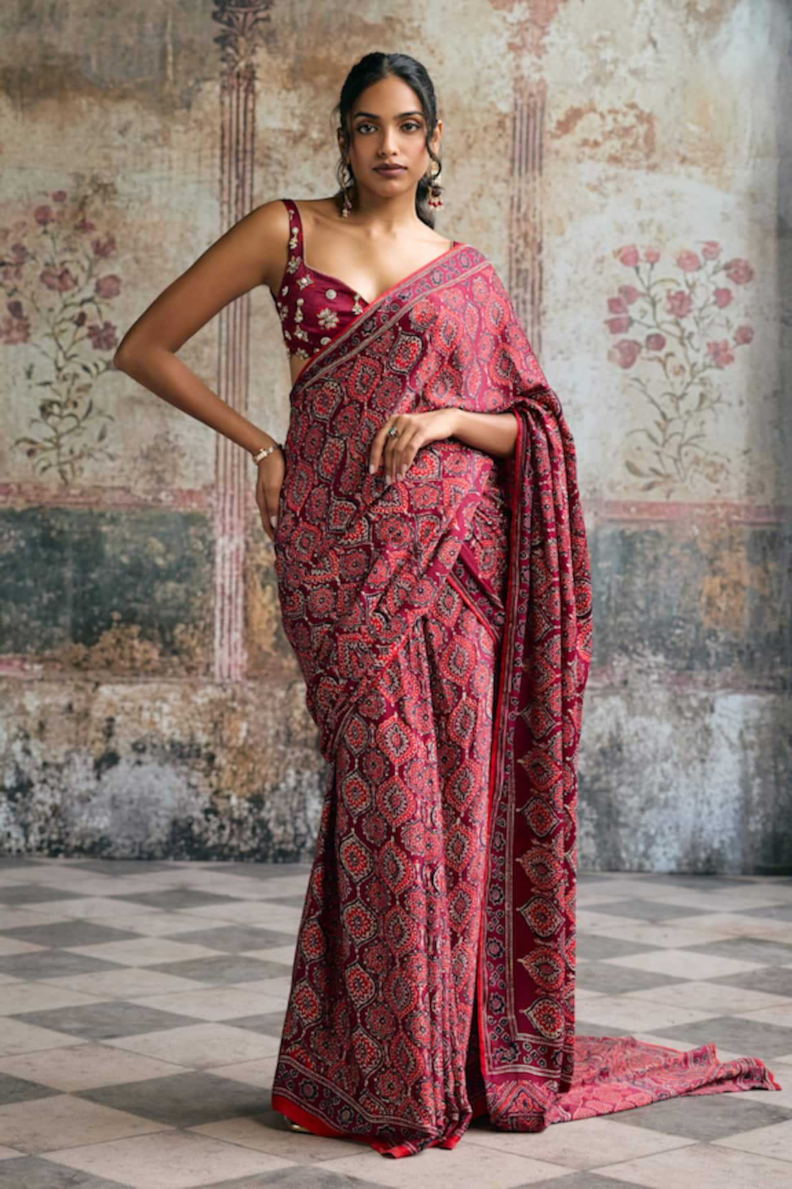SAANJH BY LEA Meira Ajrakh Print Embroidered Pre-Draped Saree Set