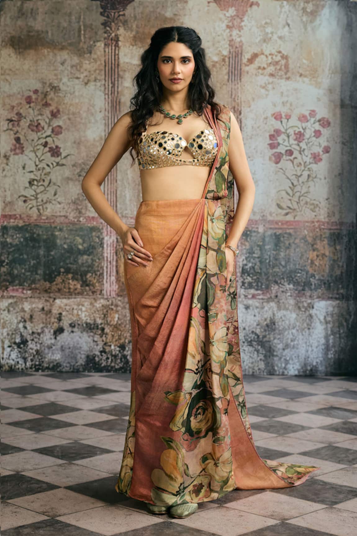 SAANJH BY LEA Iranya Pre-Draped Saree & Embroidered Mirror Blouse Set