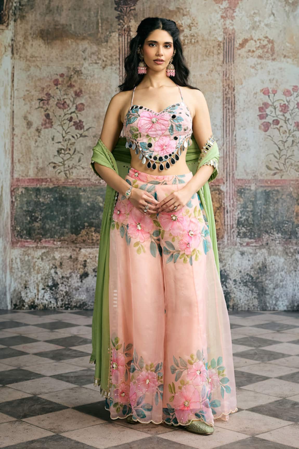 SAANJH BY LEA Naira Mirror Hand Embroidered Blouse Floral Sharara Set