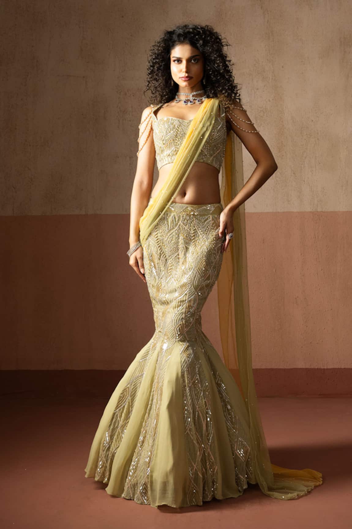 Quench A Thirst Embellished Fishtail Pre-Draped Saree & Blouse Set