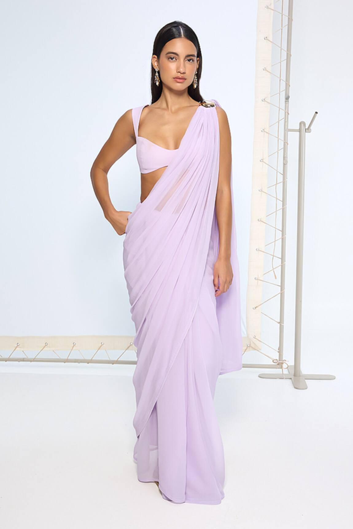 Ekaya Banaras Lilac Movable Brooch Saree With Running Blouse 