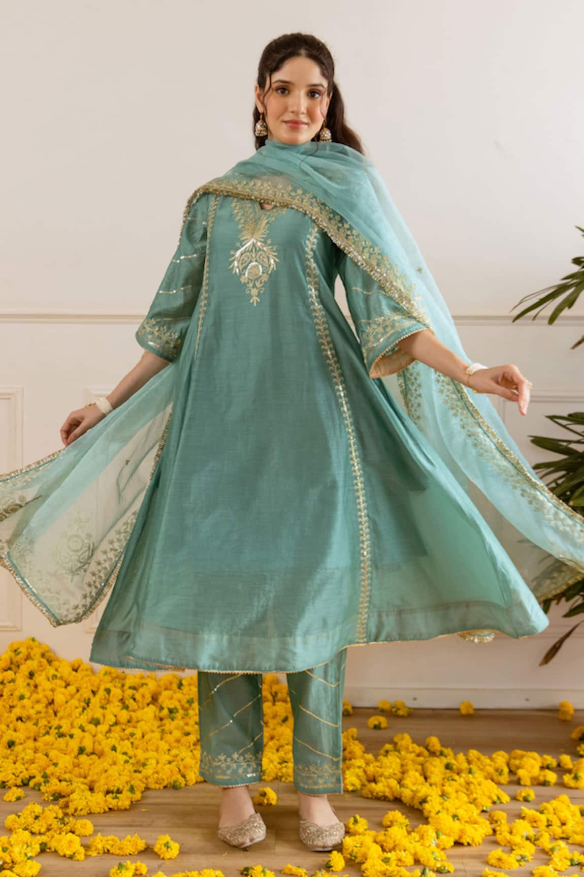 ASRUMO Zari Embroidered Three-Kali Kurta Pant Set