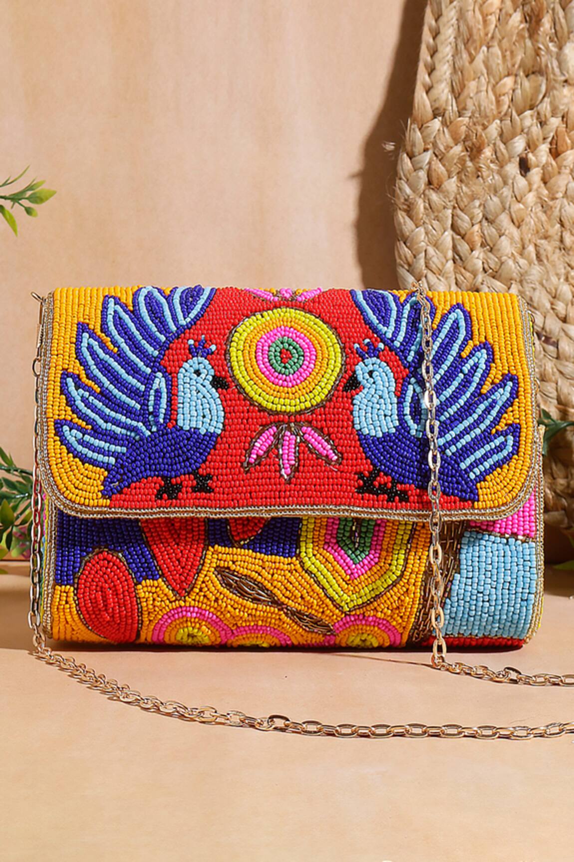 Nazaakat By Samara Singh Beaded Peacock & Geometric Motif Flap Bag