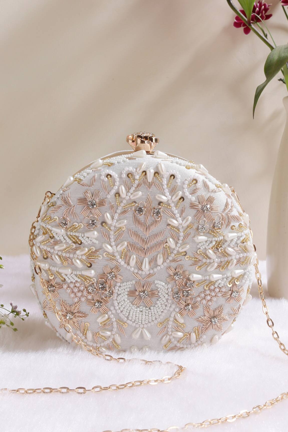 Nazaakat By Samara Singh Embroidered Round Clutch with Sling Chain 