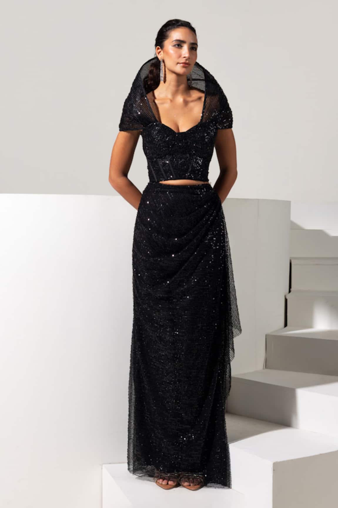 Vesture Raven 3d Structured Corset & Draped Skirt Set