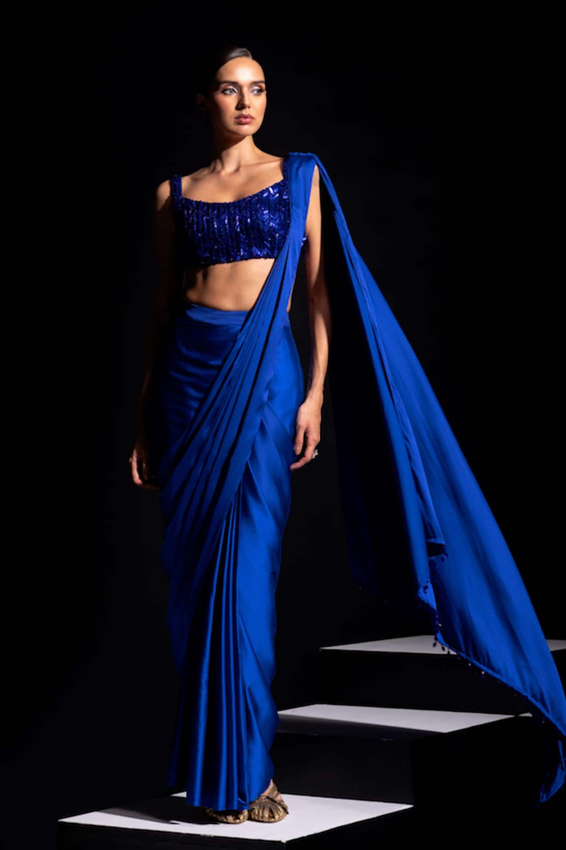 Vesture Vivid Pre-Draped Saree & Metallic Embroidered Blouse Set