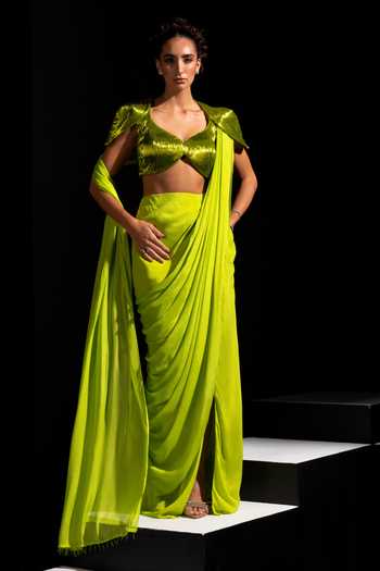 Vesture Zest Neon Pre-Draped Saree With Embroidered Blouse 