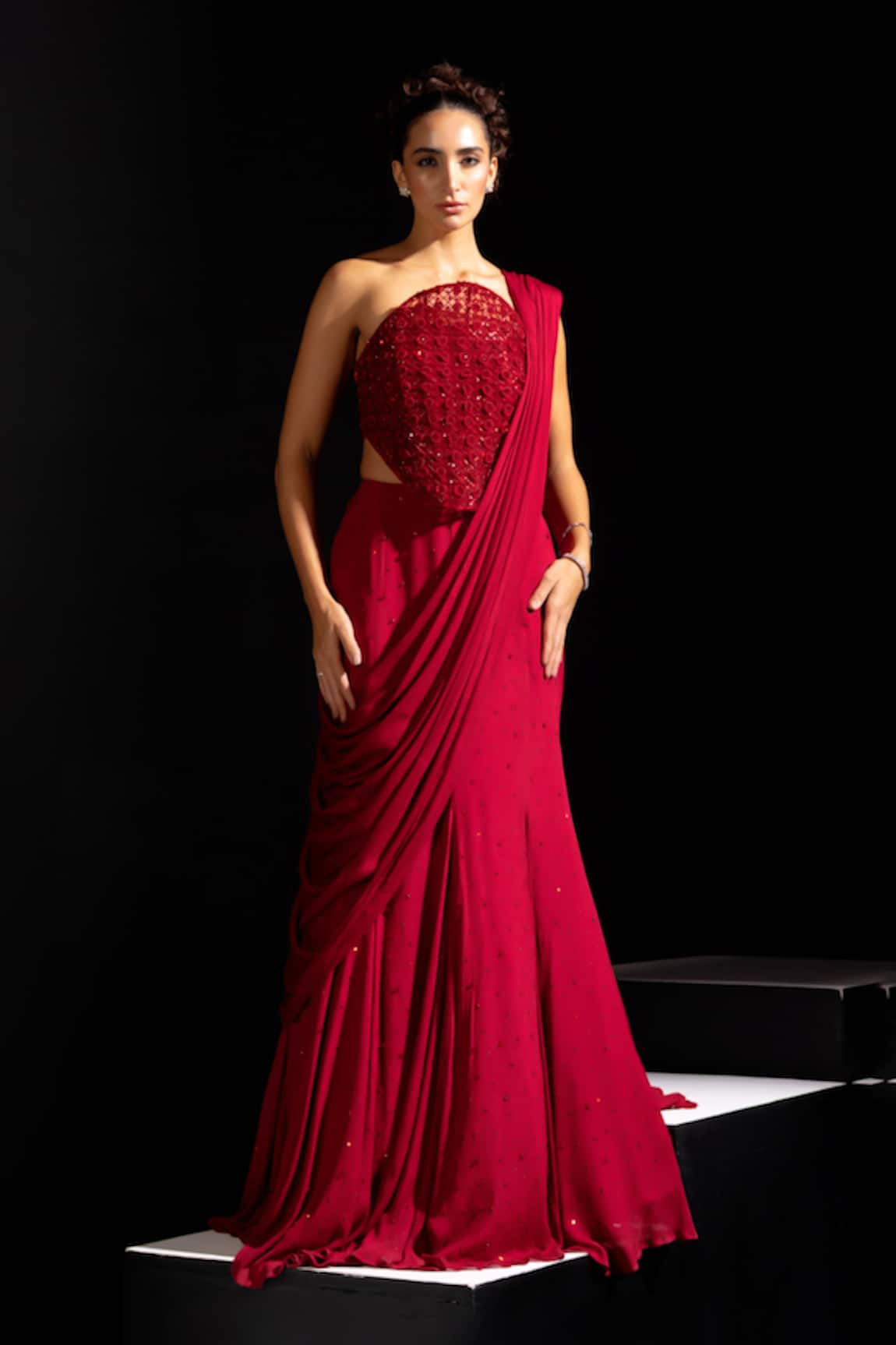 Vesture Crimson Embroidered Corset Lehenga Set