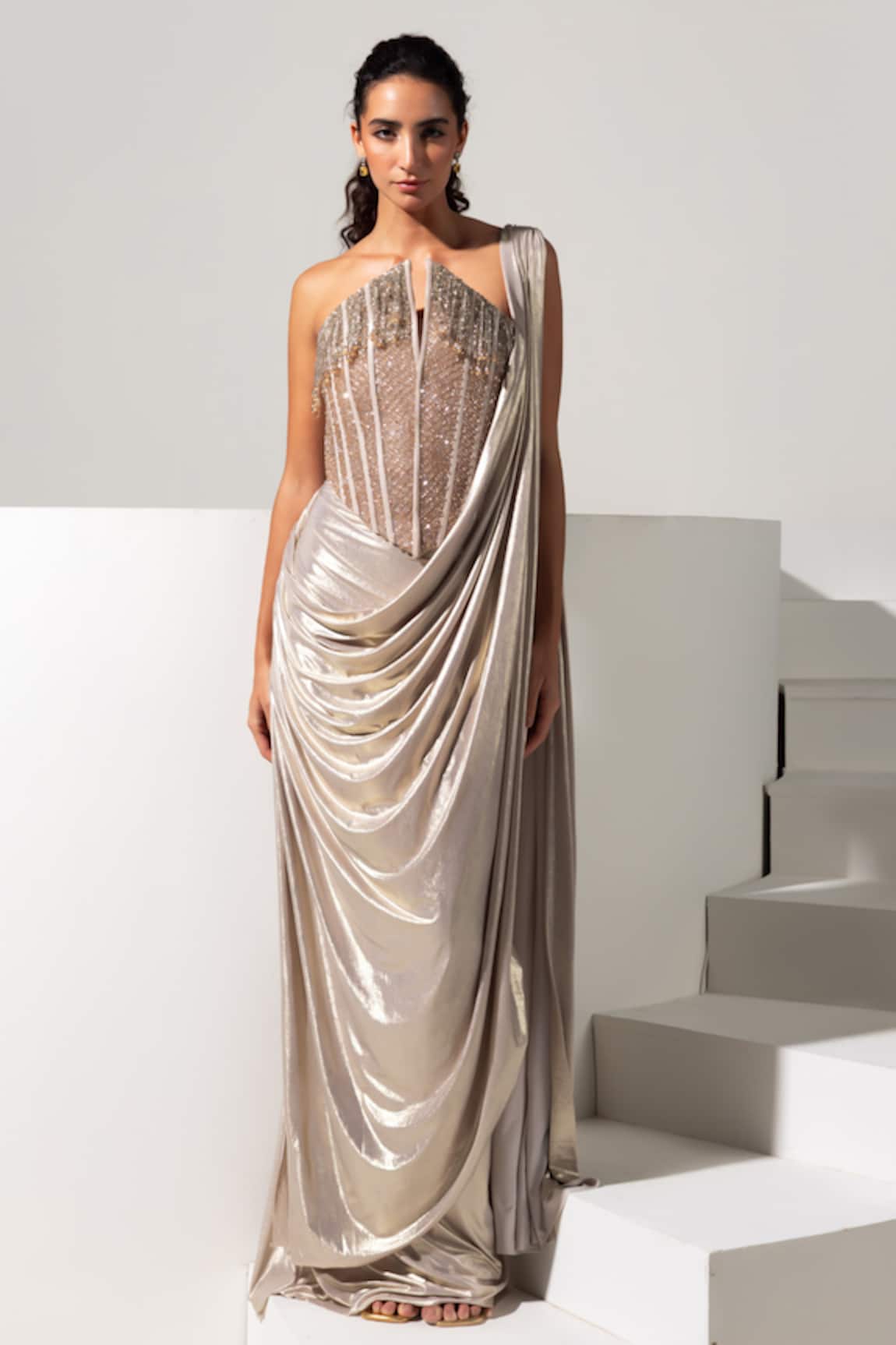 Vesture Treasure Metallic Pre-Draped Saree With Embroidered Corset