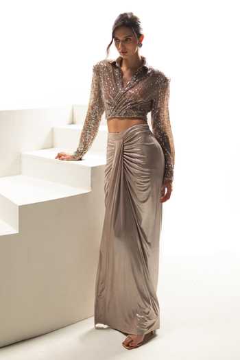 Vesture Sienna Metallic Brown Shirt & Centre Draped Skirt 