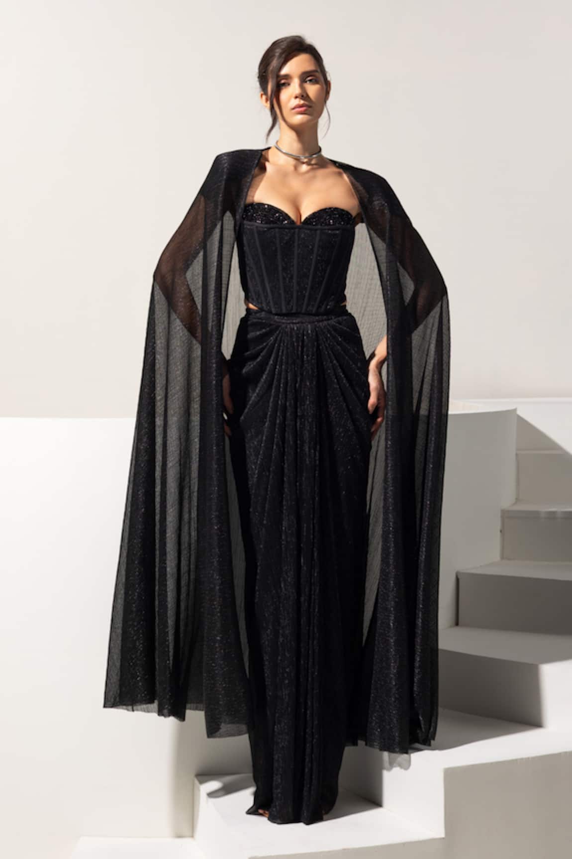 Vesture Midnight Embellished Cape & Draped Skirt Set