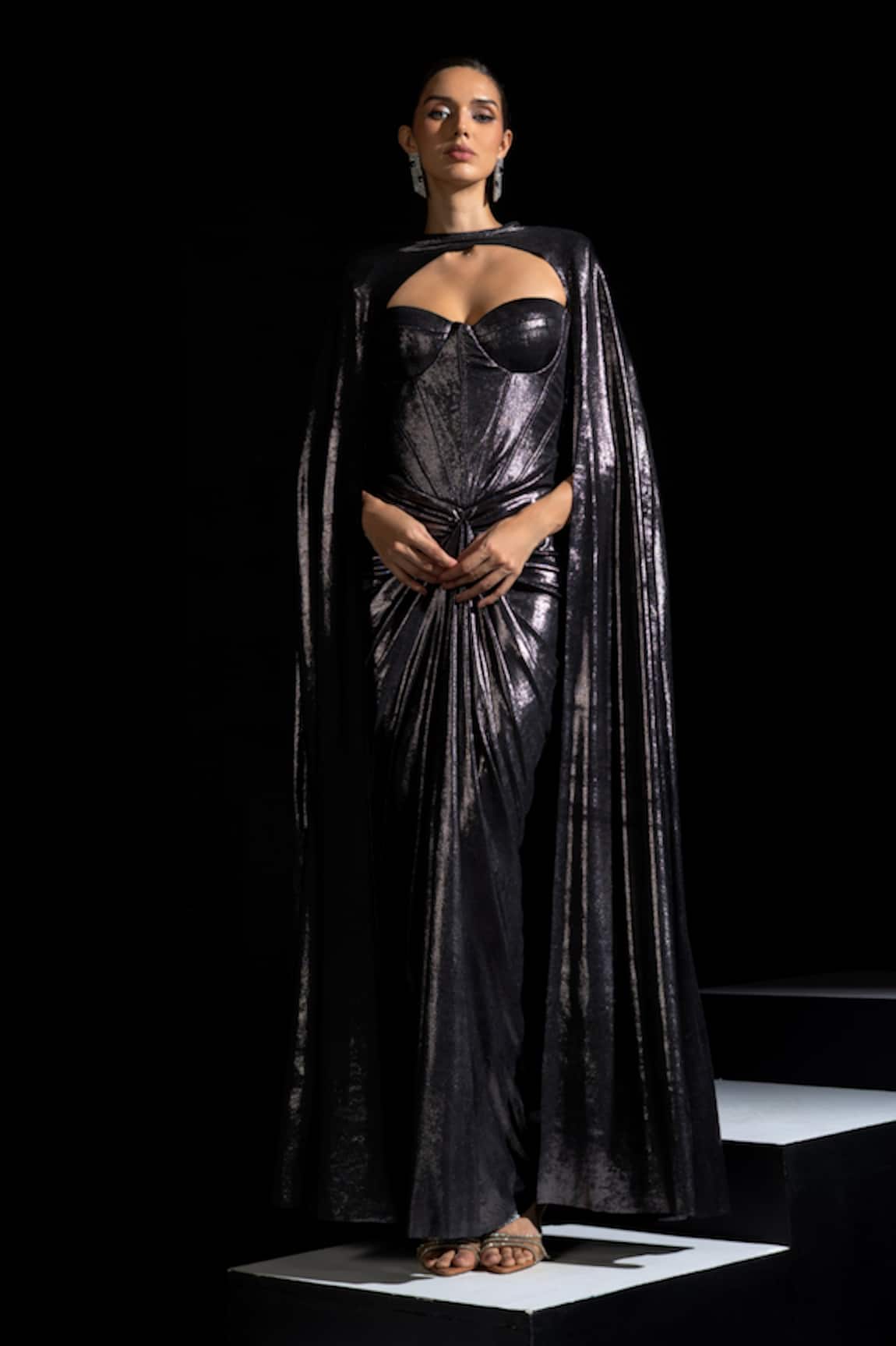 Vesture Smoke Metallic Tube Corset Draped Gown With Cape