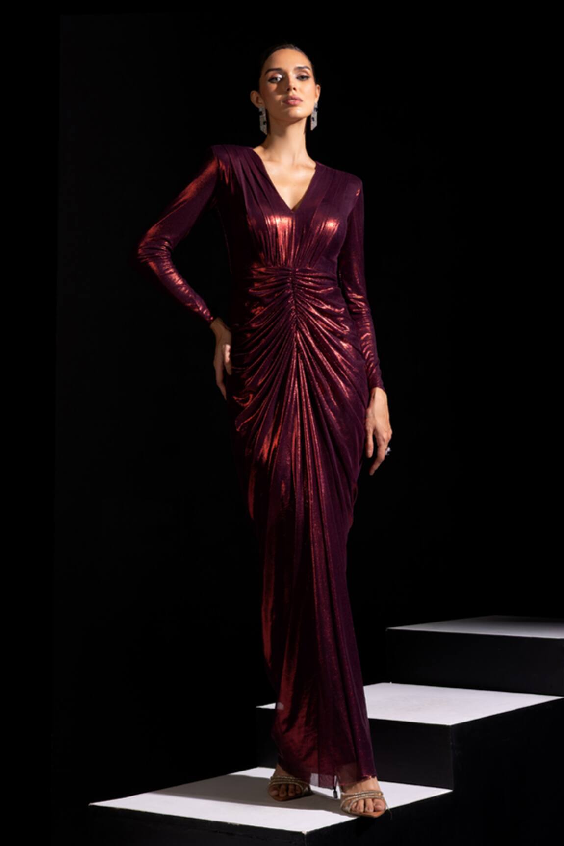 Vesture Claret Metallic Red Full Sleeves Draped Gown