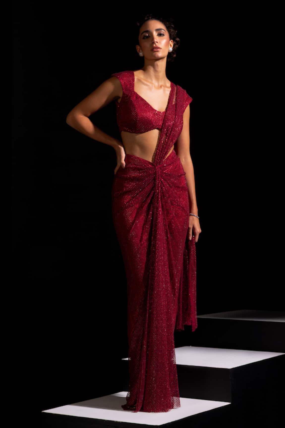 Vesture Marsala Red Pre-Draped Saree With Blouse 