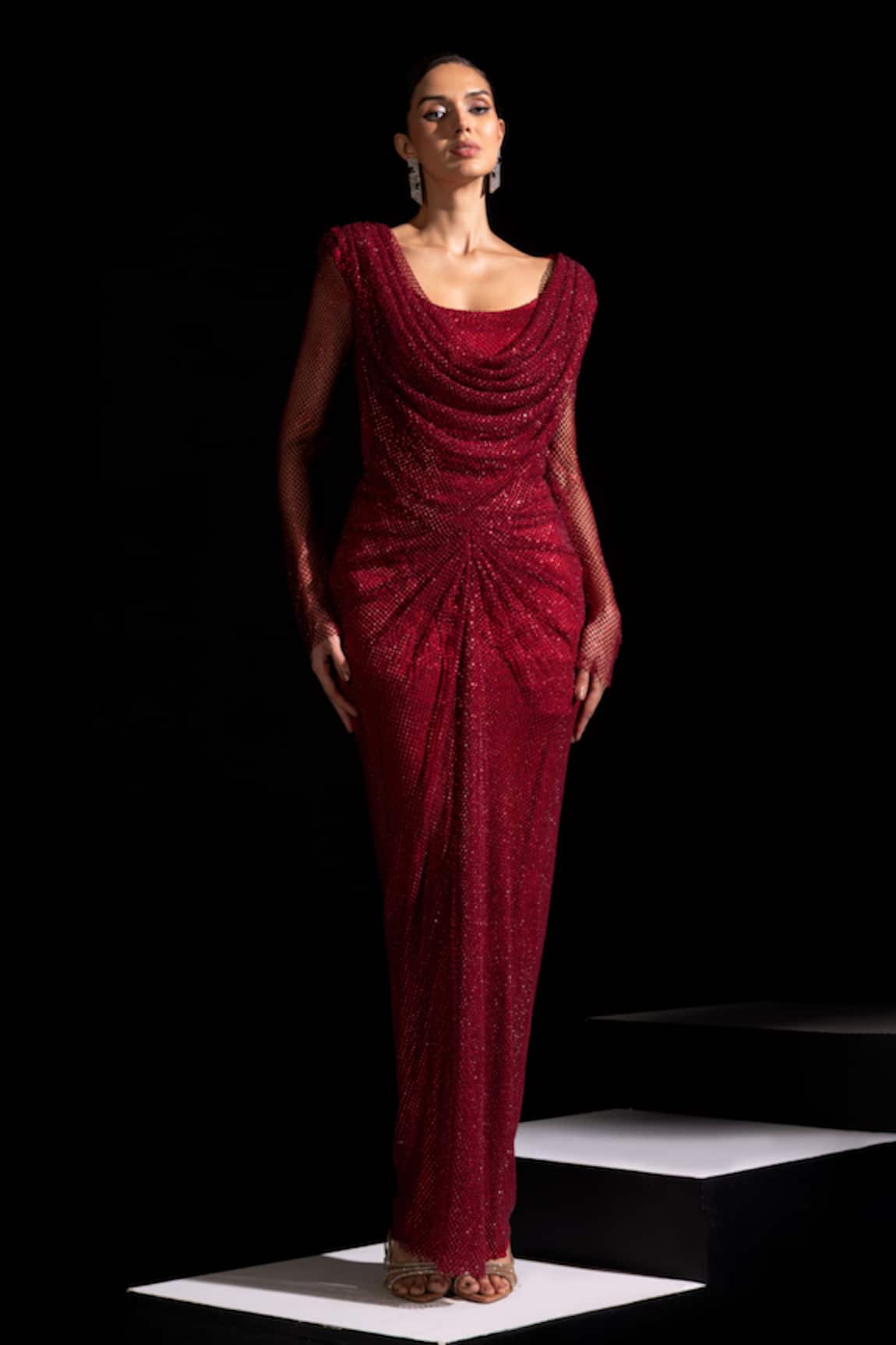 Vesture Garnet Red Full Sleeve Swarovski Draped Gown