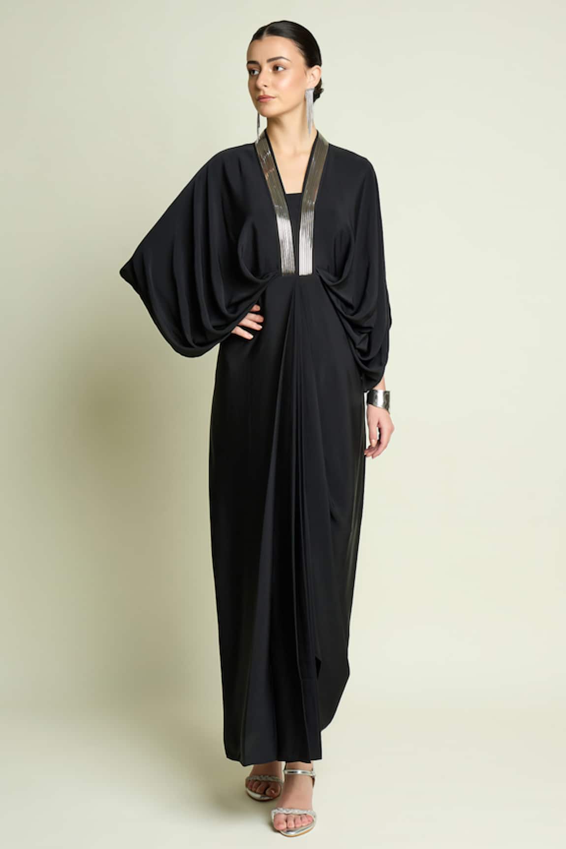 Aakaar Metallic Neckline Embroidered Draped Dress