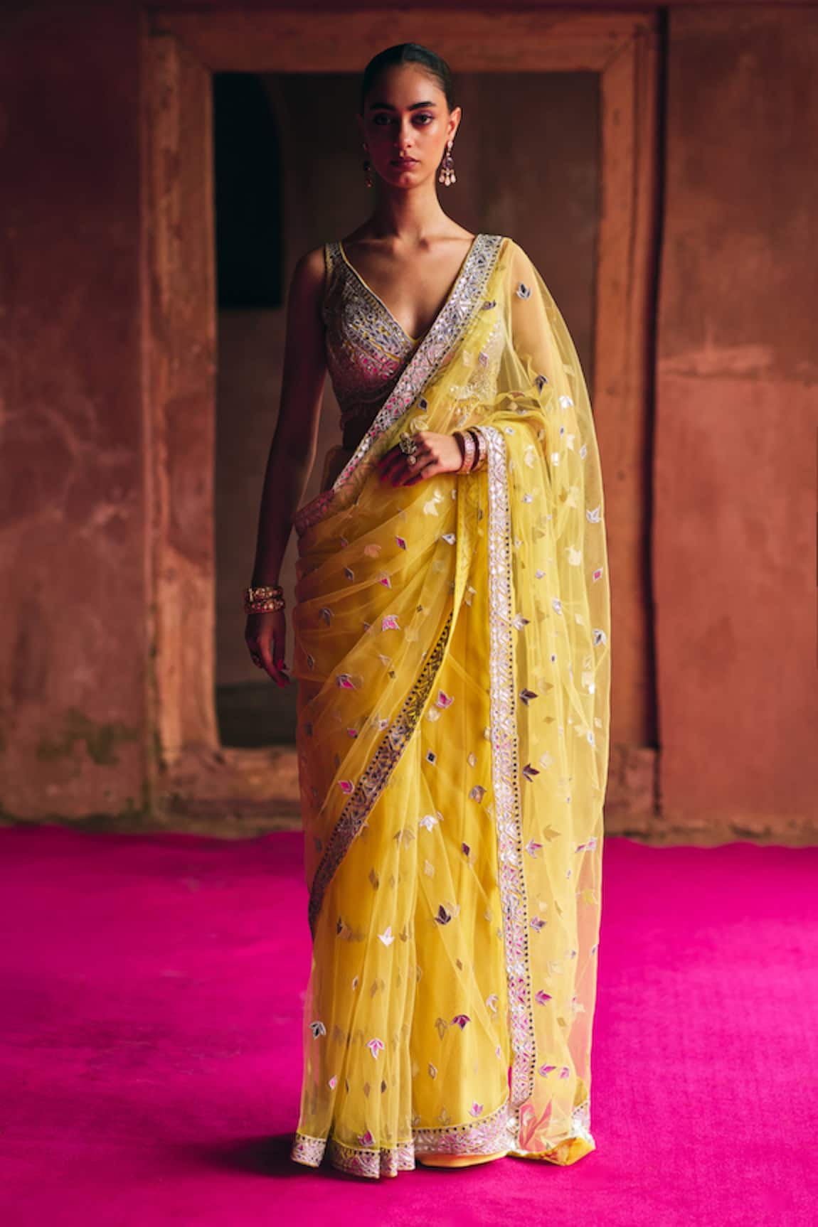 Angad Singh Yellow Net Saree With Blouse