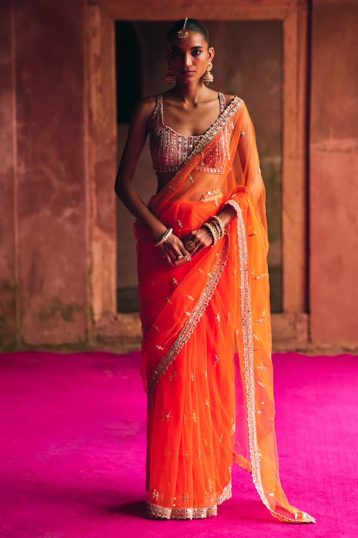 Angad Singh Orange Net Saree With Blouse