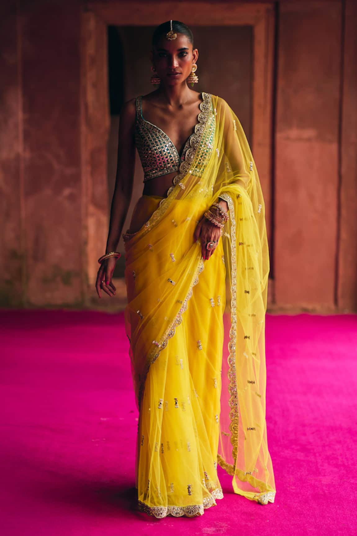 Angad Singh Yellow Net Saree With Blouse