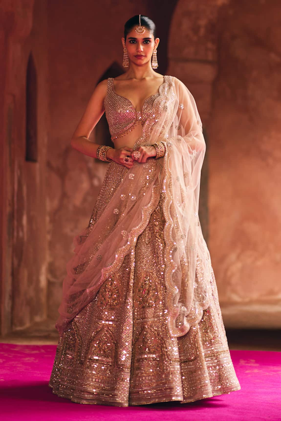 Angad Singh Peach Organza Bridal Lehenga Set