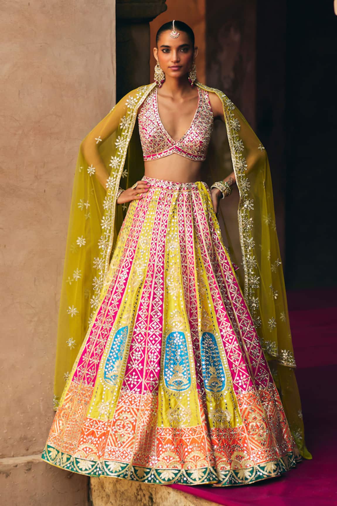 Angad Singh Multicolor Raw Silk Lehenga Set