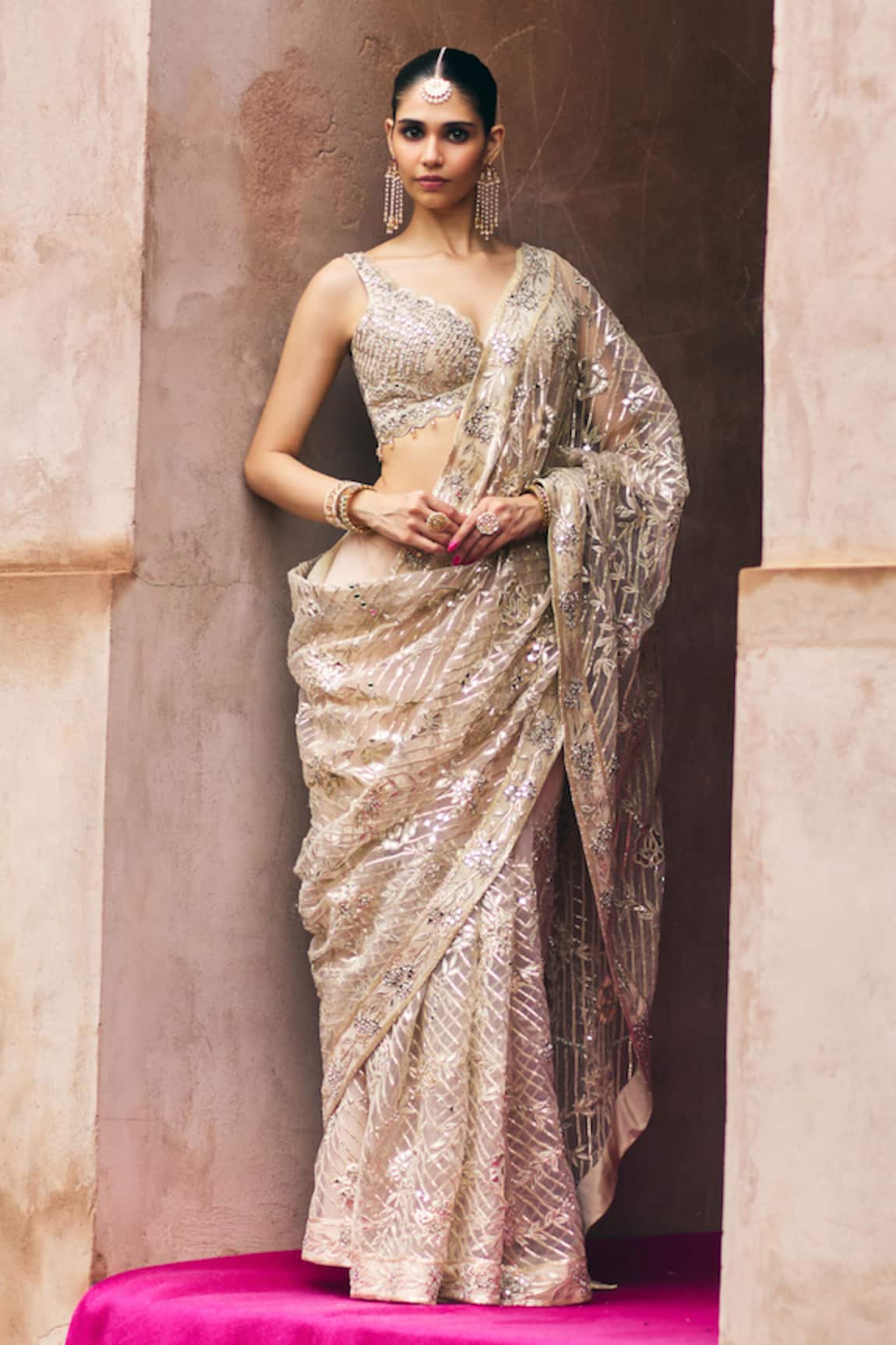 Angad Singh Rose Gold Net Saree With Blouse