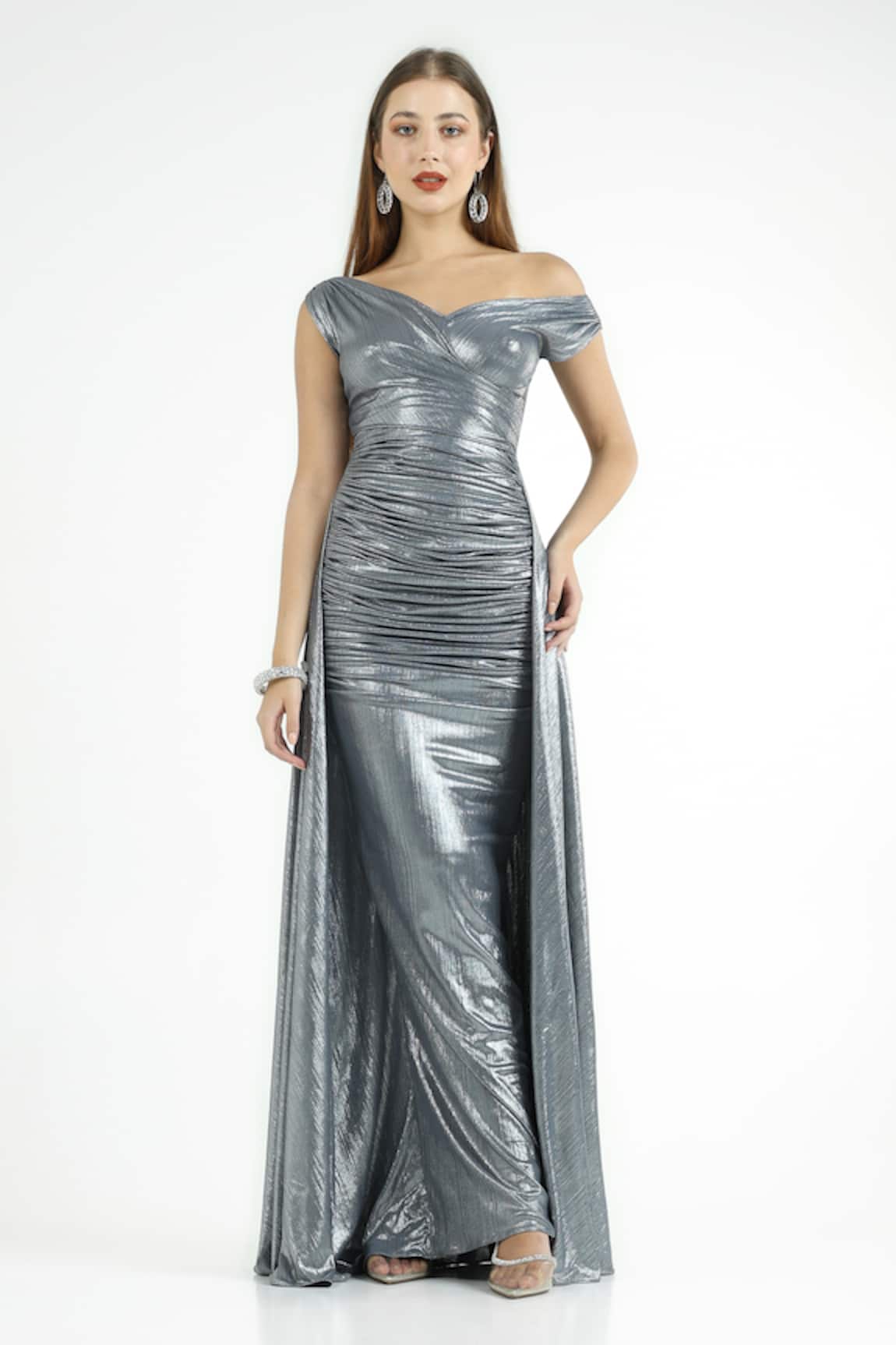 Cham Cham Draped Off-Shoulder Bias-Flared Gown