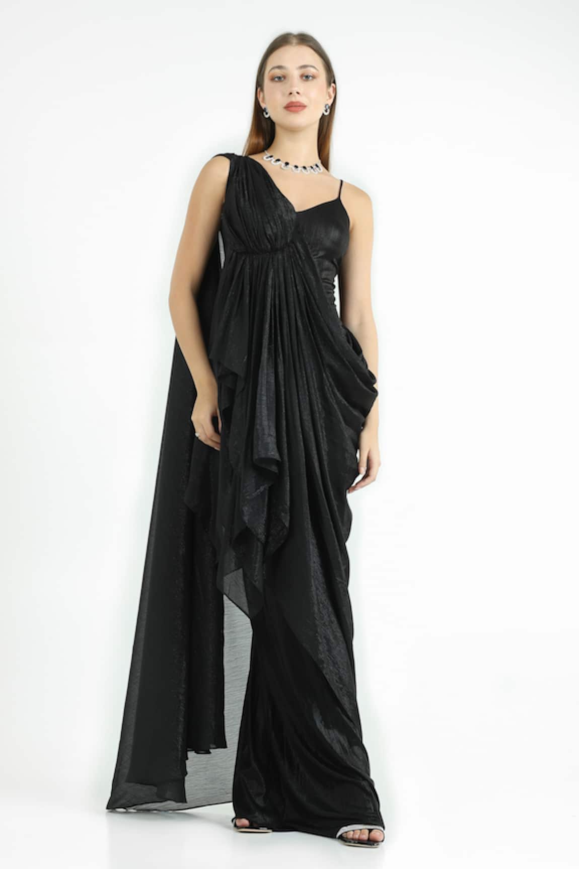Cham Cham Draped Sheer Shoulder Gown 
