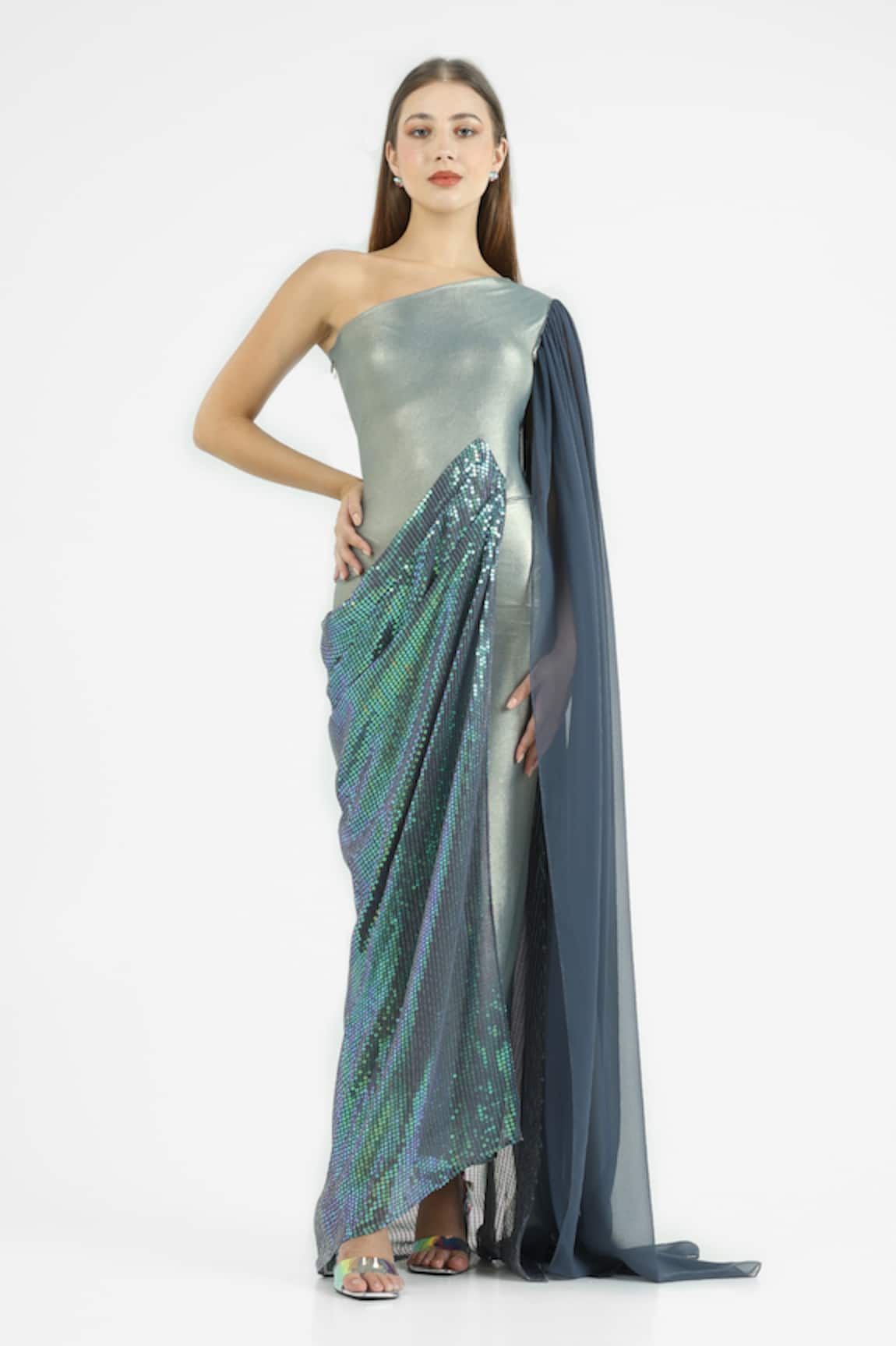 Cham Cham Metallic Sea Green Sequin Draped Gown 