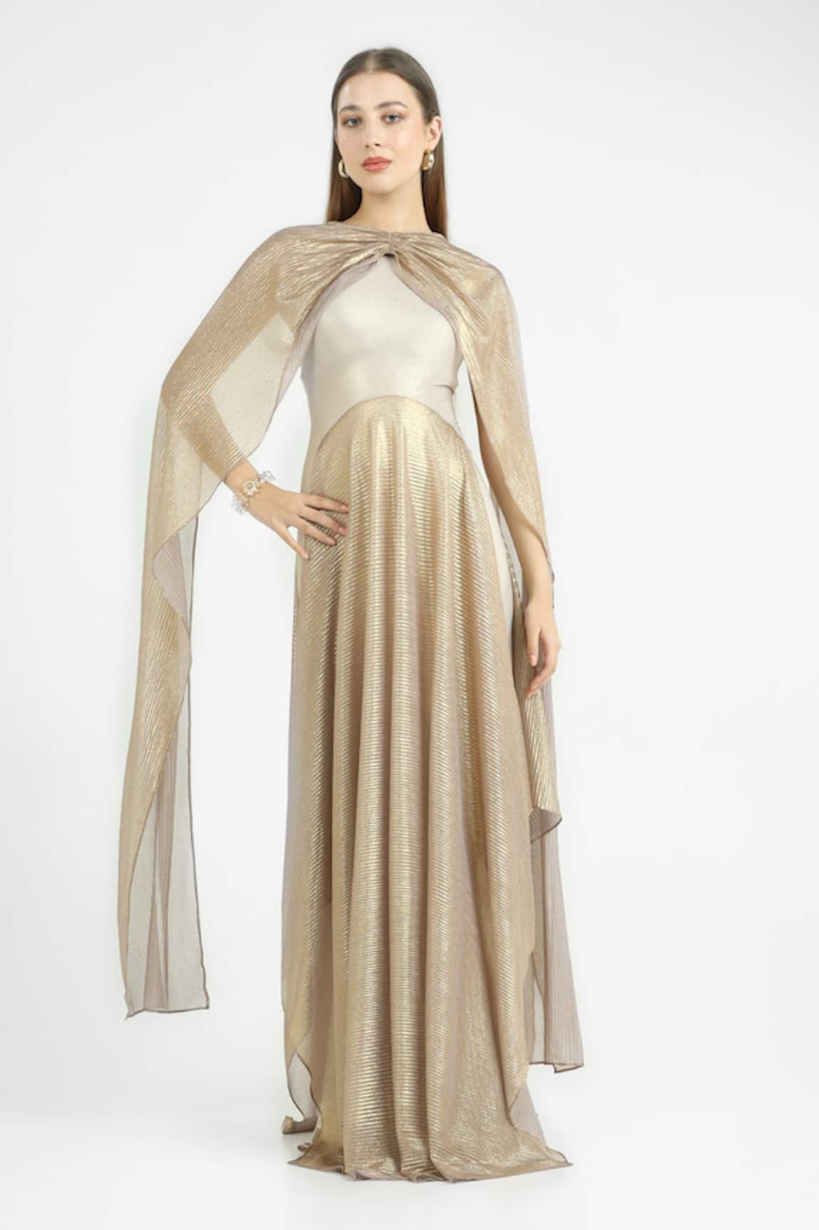 Cham Cham White Gold Pleated Flare Gown With Sash 