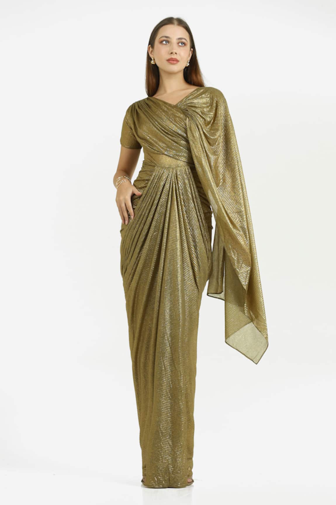 Cham Cham Electrum Gold Gathers & Pleats Gown 