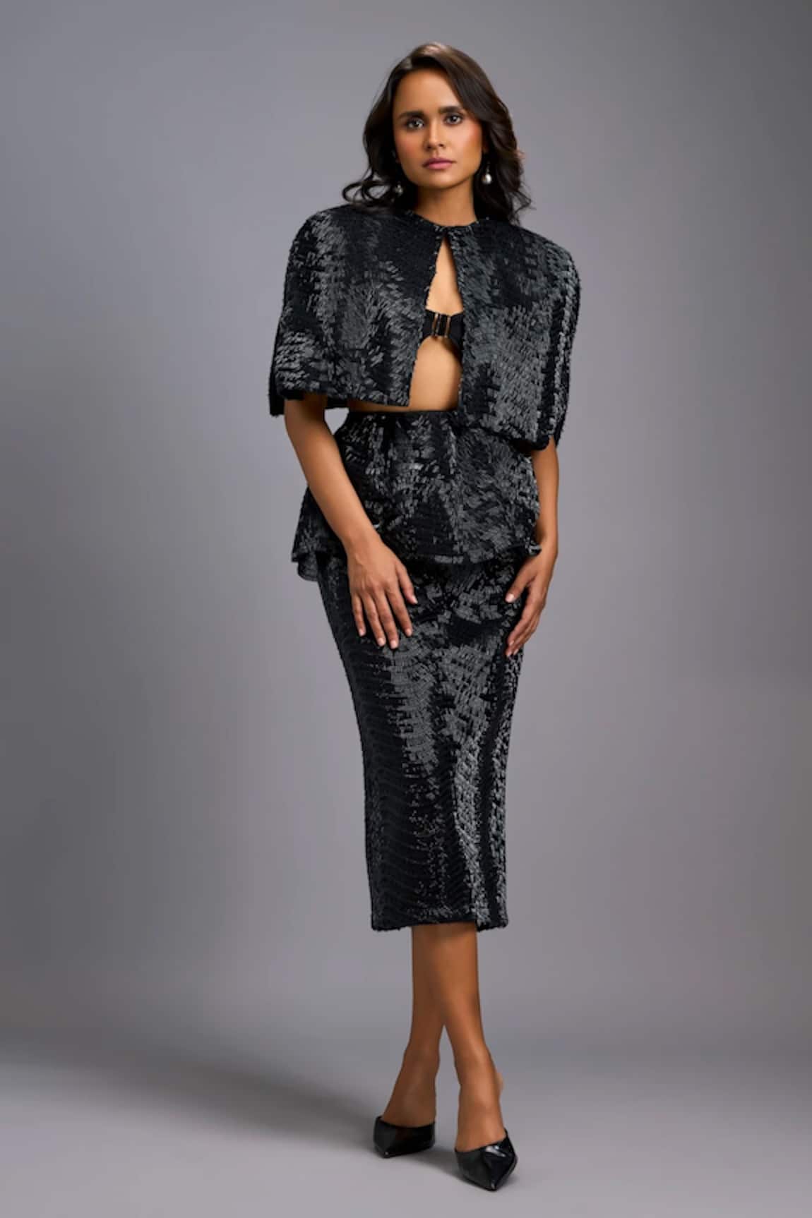 Deepika Arora Shimmer Cropped Jacket Skirt Set 