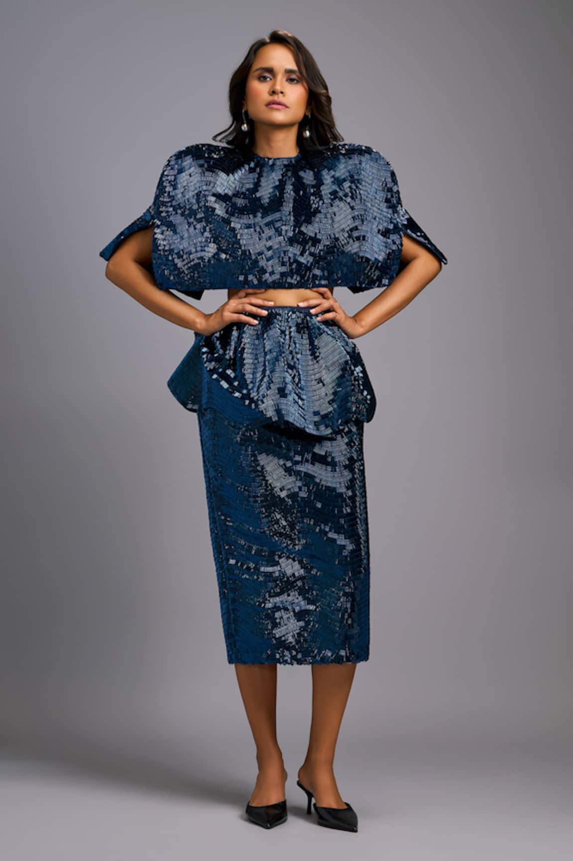 Deepika Arora Shimmer Structured Cropped Jacket Skirt Set 