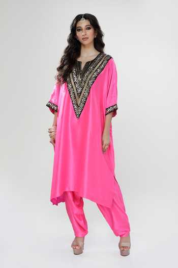 Ranian Wrinkled Silk Kaftan & Dhoti Salwar Set