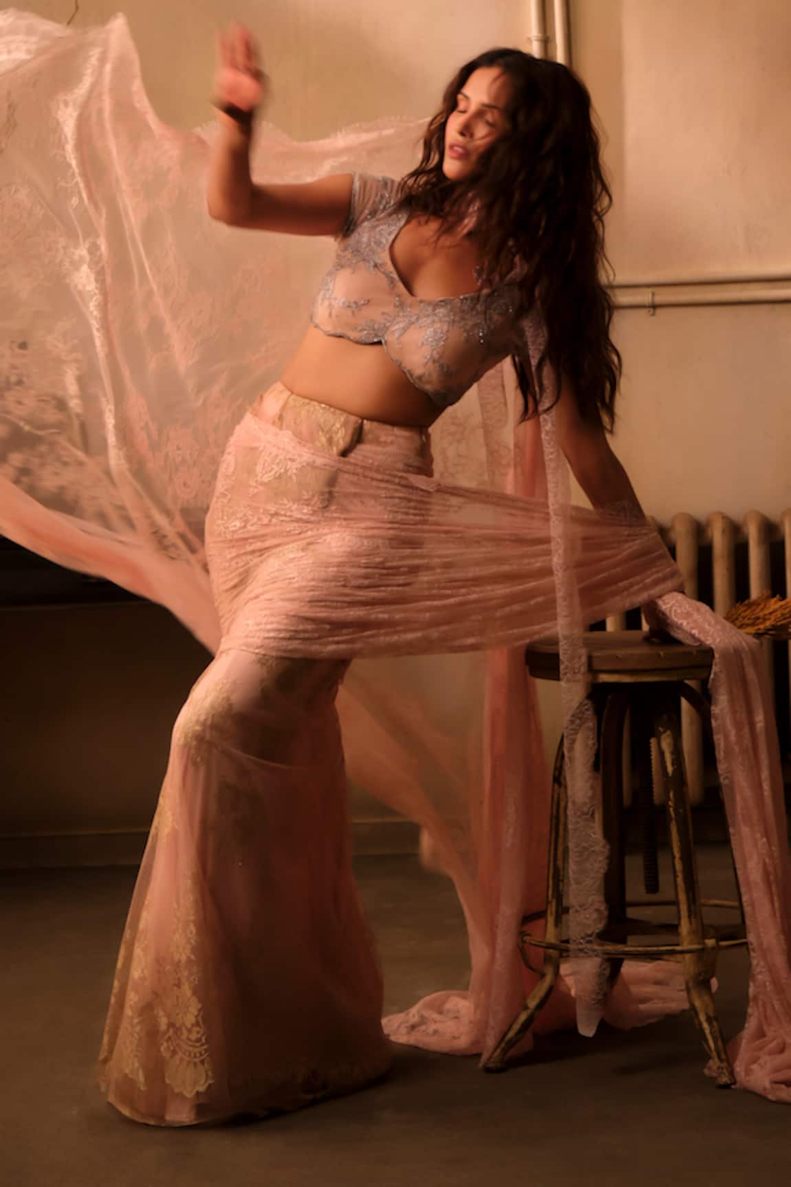 Shehlaa Khan Lace Pre-Draped Saree With Embroidered Blouse