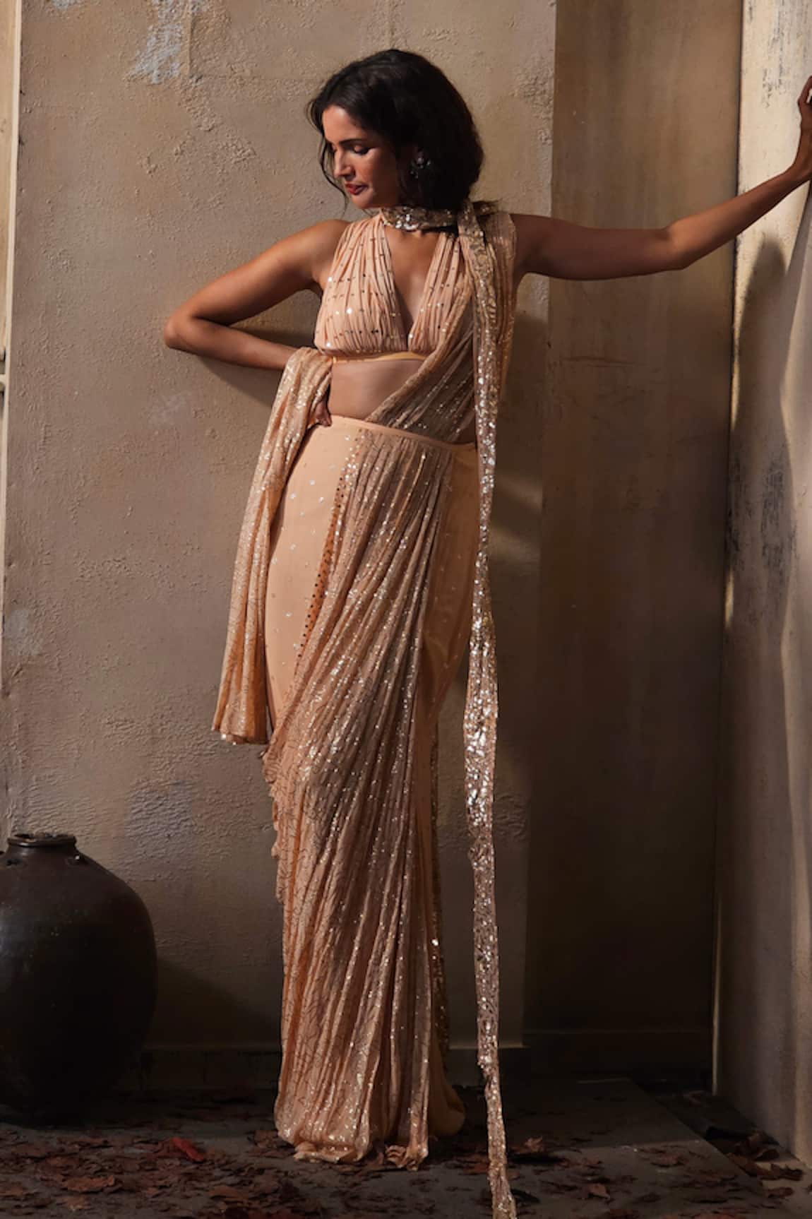 Shehlaa Khan Sequin Work Pre-Draped Saree With Bloue 