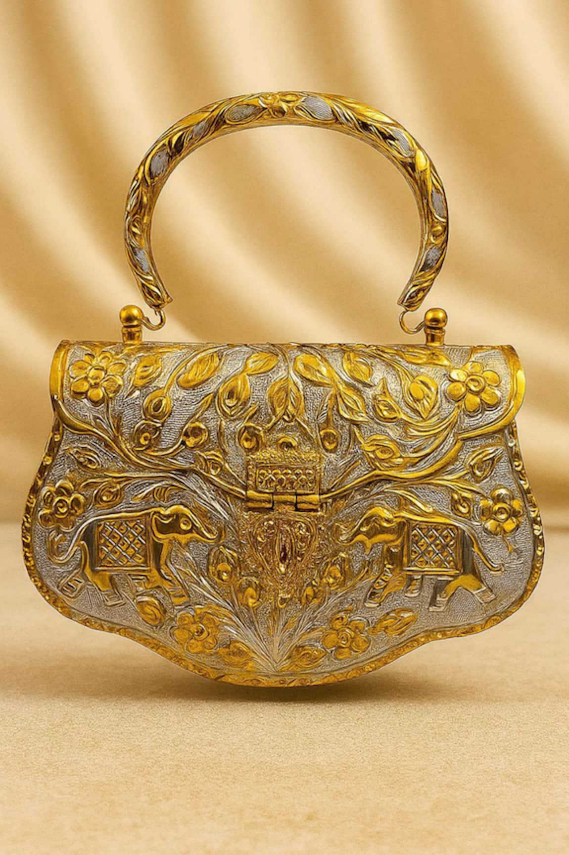 Tasna Elephant & Floral Engraved Brass Clutch