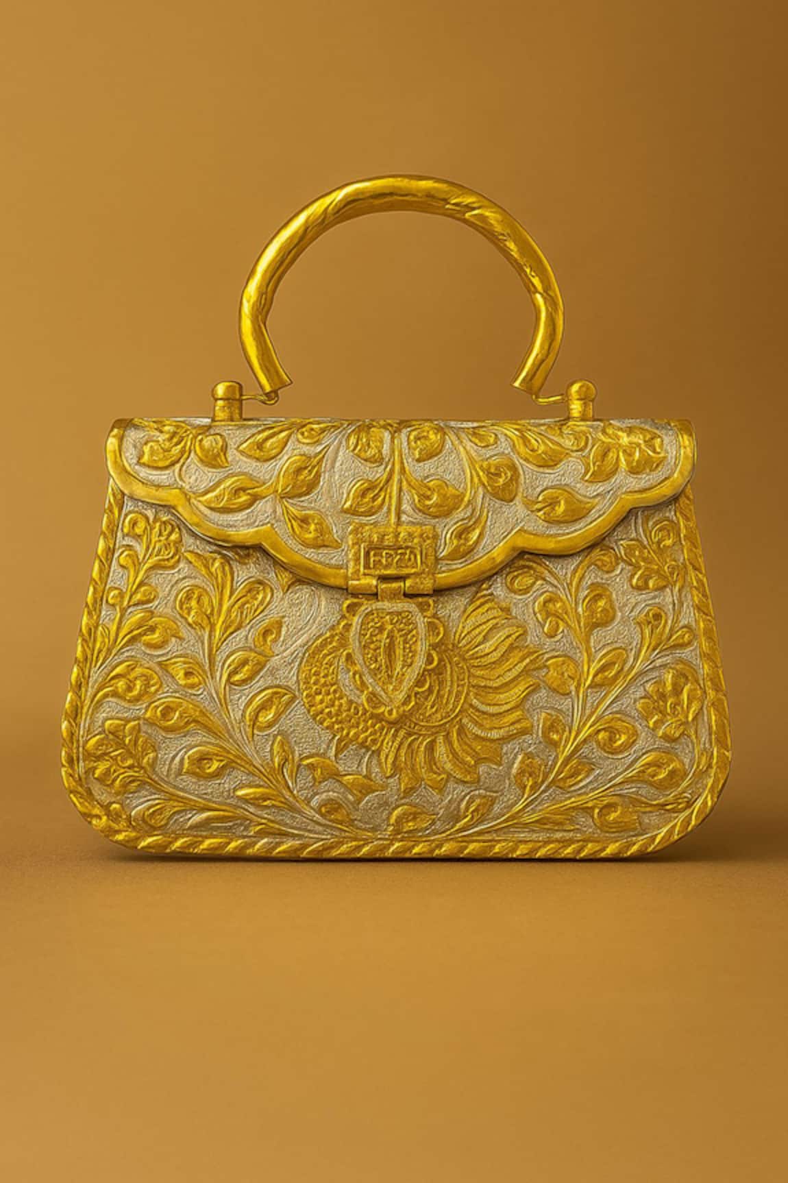 Tasna Brass Engraved Floral & Peacock Clutch