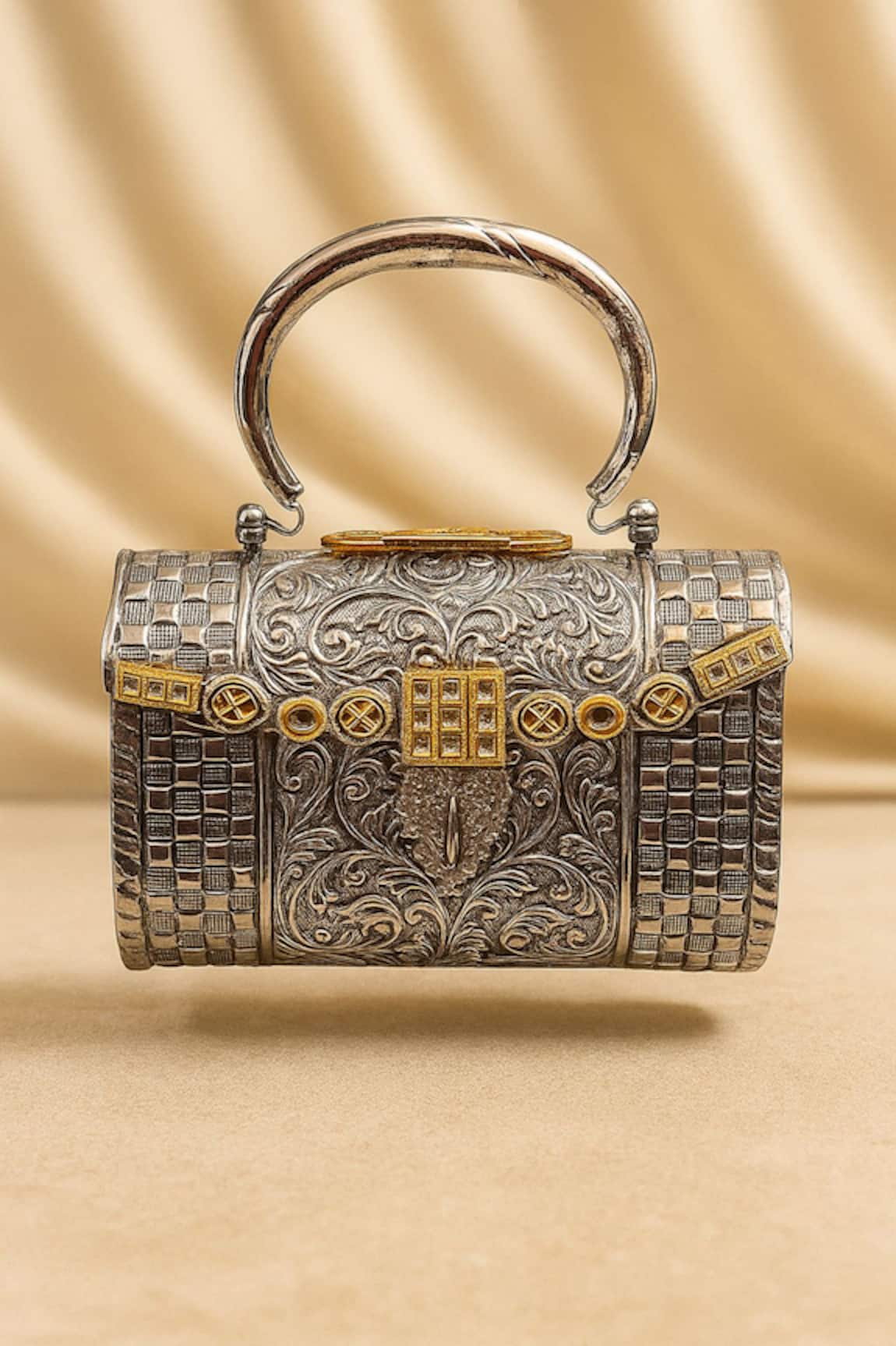 Tasna Hand-Carved Kundan & Meenakari Brass Clutch