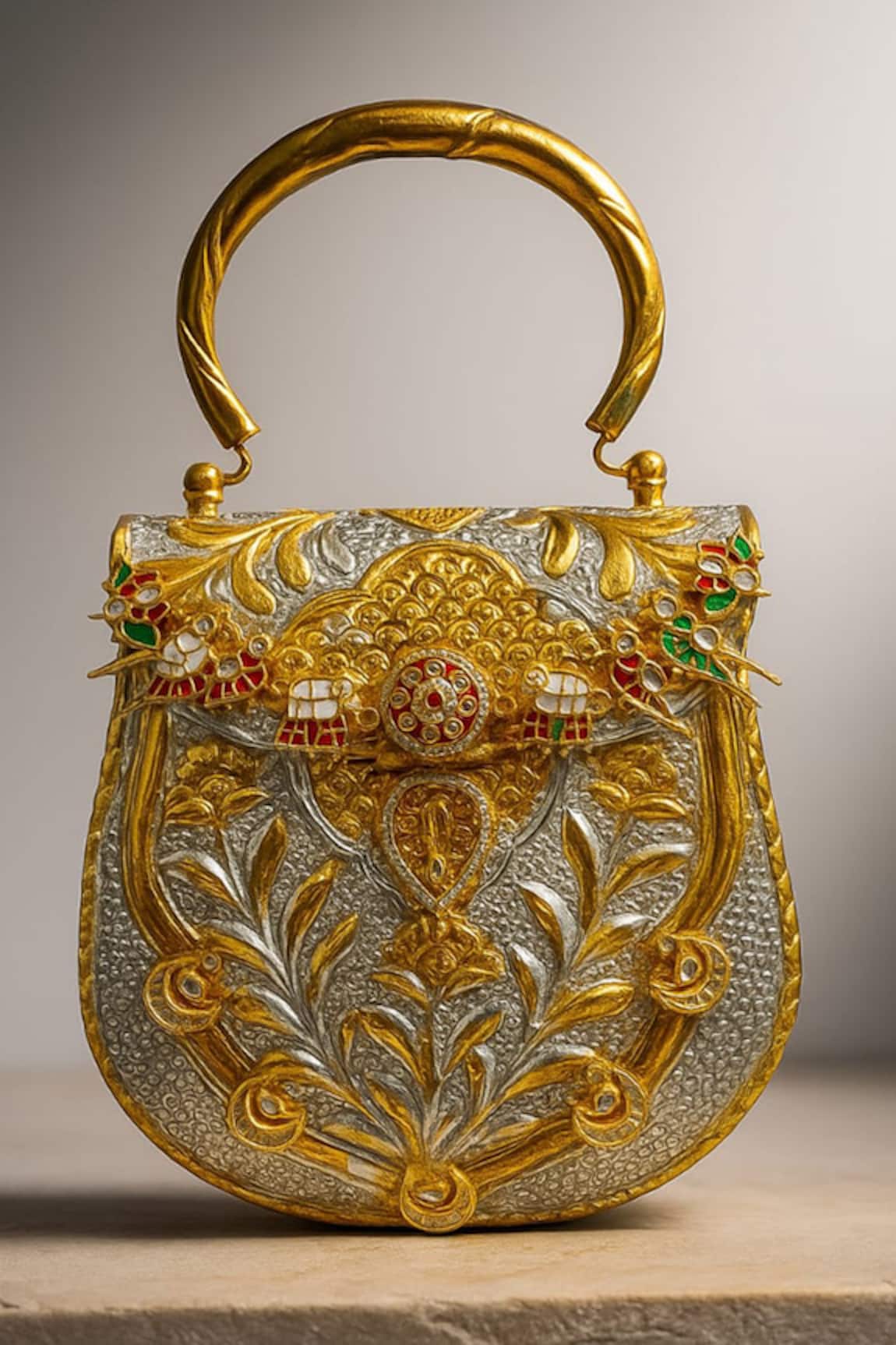 Tasna Hand-Carved Kundan & Meenakari Brass Clutch 