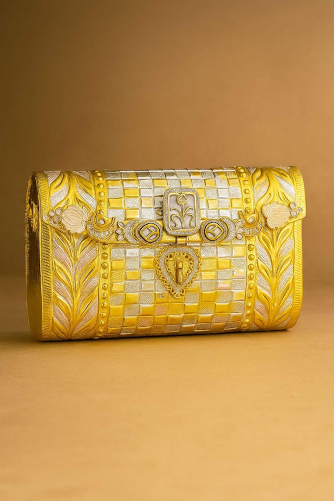 Tasna Hand-Carved Kundan & Meenakari Brass Clutch