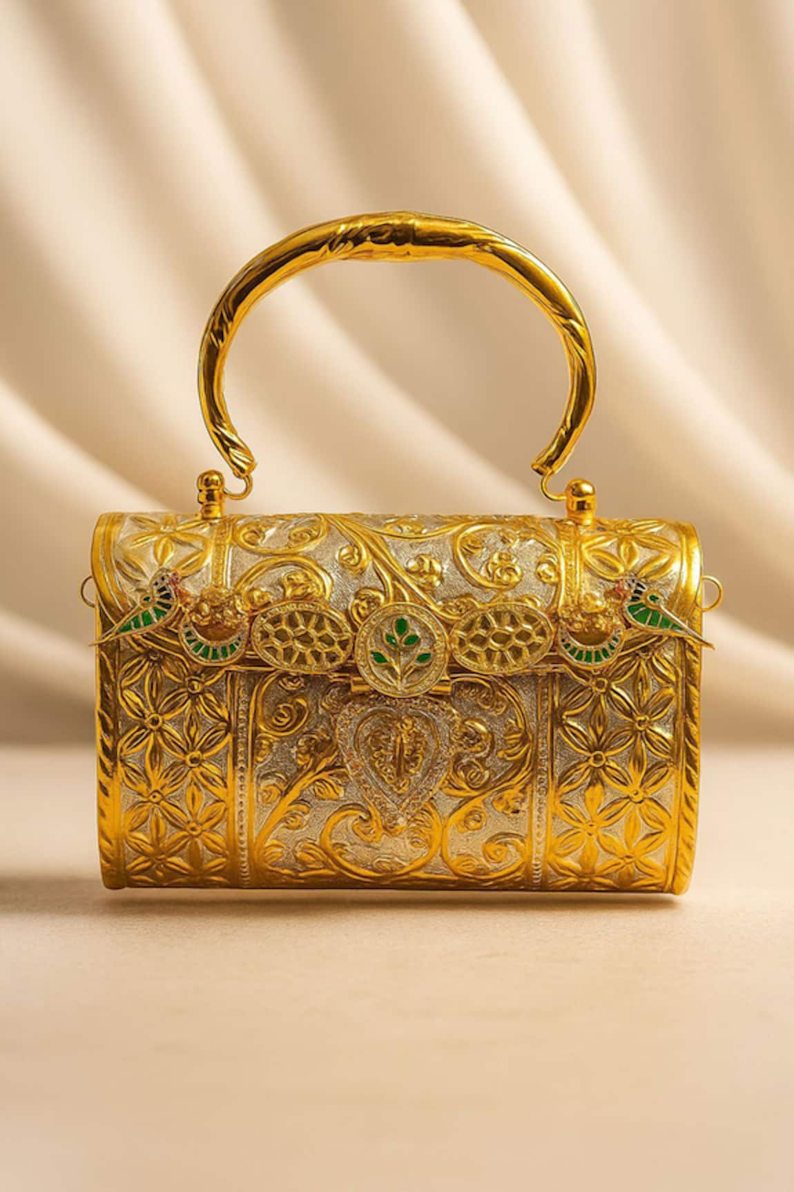 Tasna Hand-Carved Kundan & Meenakari Brass Clutch 